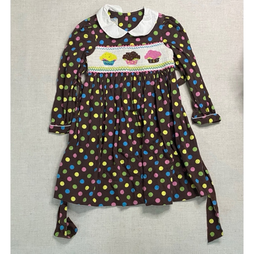 Smocked Brown Polka Dot Dress with Cupcake Design